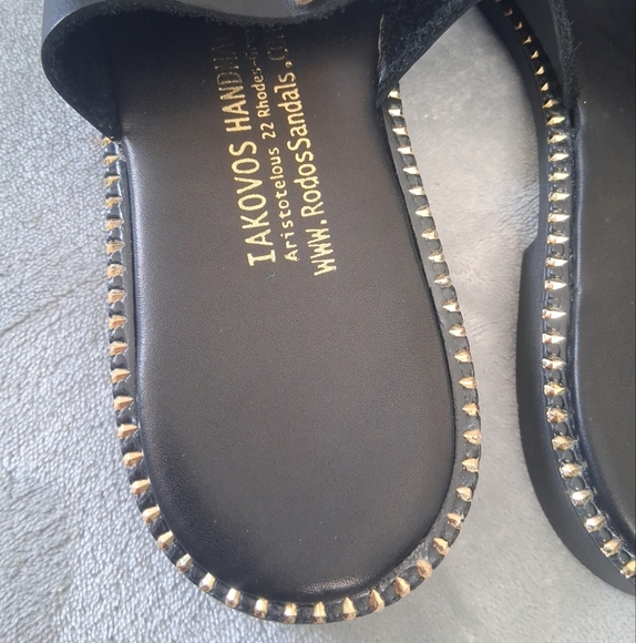 IAKOVOS Black Leather Sandals Handmade In Greece Gold Accents Women's Size 38 - Picture 13 of 16